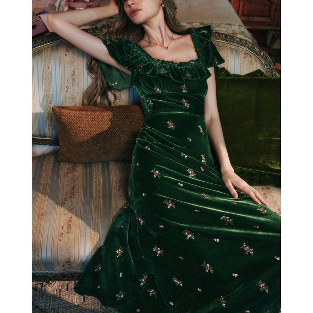 AMERICAN HEIRESS Sylvia Embroidered Velvet Milkmaid Maxi Dress in Forest Green